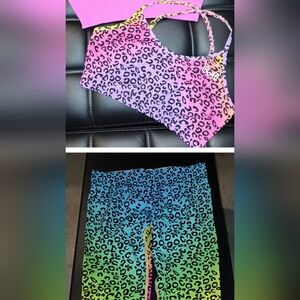 Earnedfit 2 Piece Yoga Rainbow Cheetah Workout Set Size L